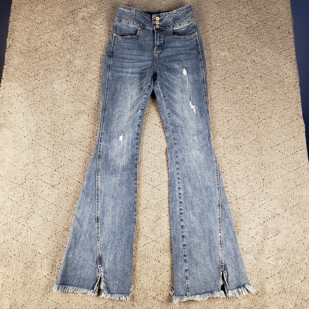 Kancan‎ Jeans Womens 5 Blue Bell Bottom Distressed Denim Hippie Festival